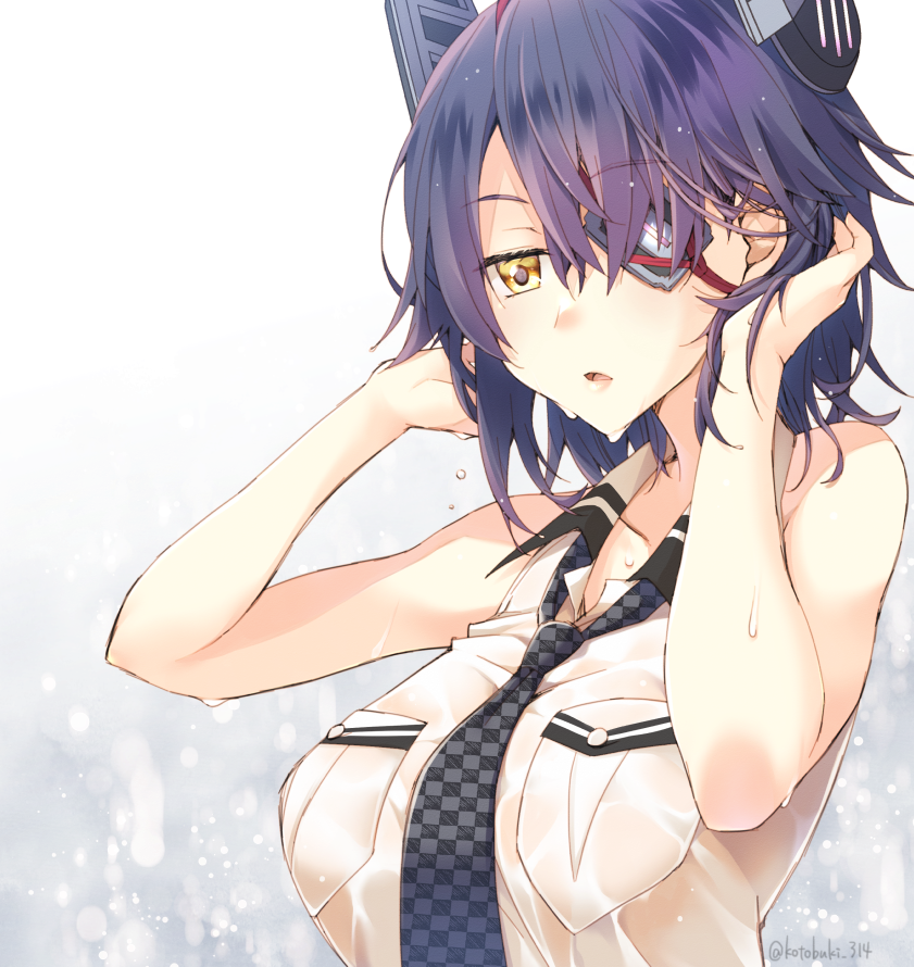 tenryuu (kancolle) 1girl solo eyepatch checkered necktie purple hair breasts twitter username  illustration images