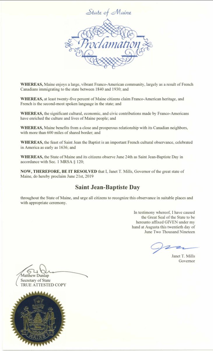 #BonneStJean tout le monde! Today is the day where French-Canadians and Franco-Americans celebrate their cultural diversity in North America. It’s recognized stateside as a holiday in Maine, New Hampshire, Connecticut, and Vermont, too! ⚜️ Here’s Maine’s official proclamation.