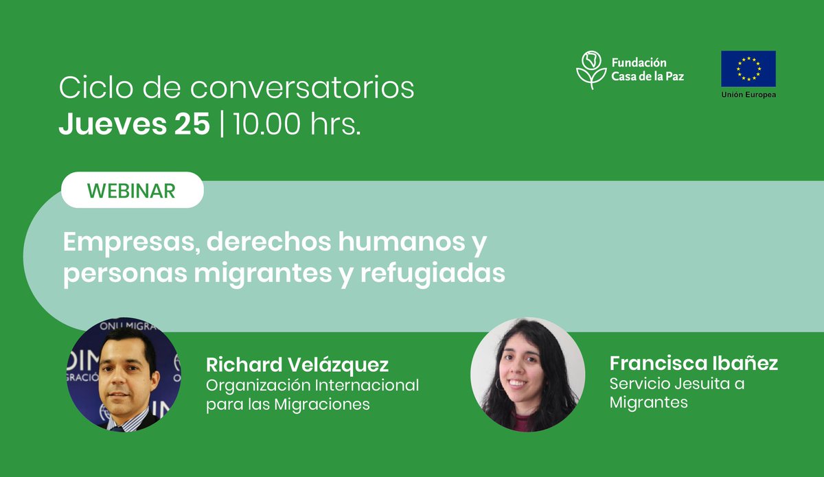 casadelapaz's tweet photo. Te invitamos a participar del conversatorio de mañana, súmate en https://t.co/aOnXCIPSVG Contraseña 939530, síguenos en redes para más información. @OIMChile @SJMChile @UEenChile https://t.co/PUwUEzZzRM