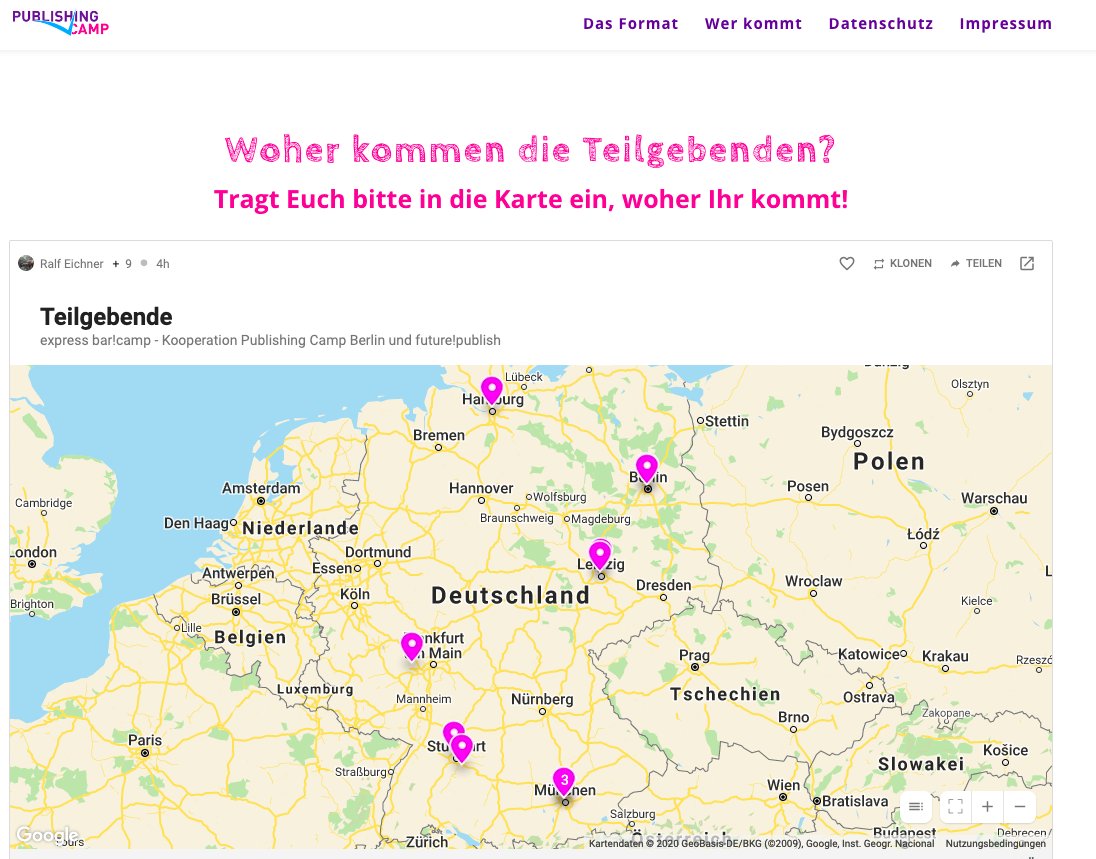 PubCampBER's tweet photo. Inspirierend und informativ war es auf dem express!Barcamp der @future_publish + @PubCampBER - die Teilgebenden aus ganz Deutschland wollen wieder teilnehmen. #PublishingCampBER #fp20 #Barcamp #wasmitinhalten https://t.co/VUDnvQkaCy