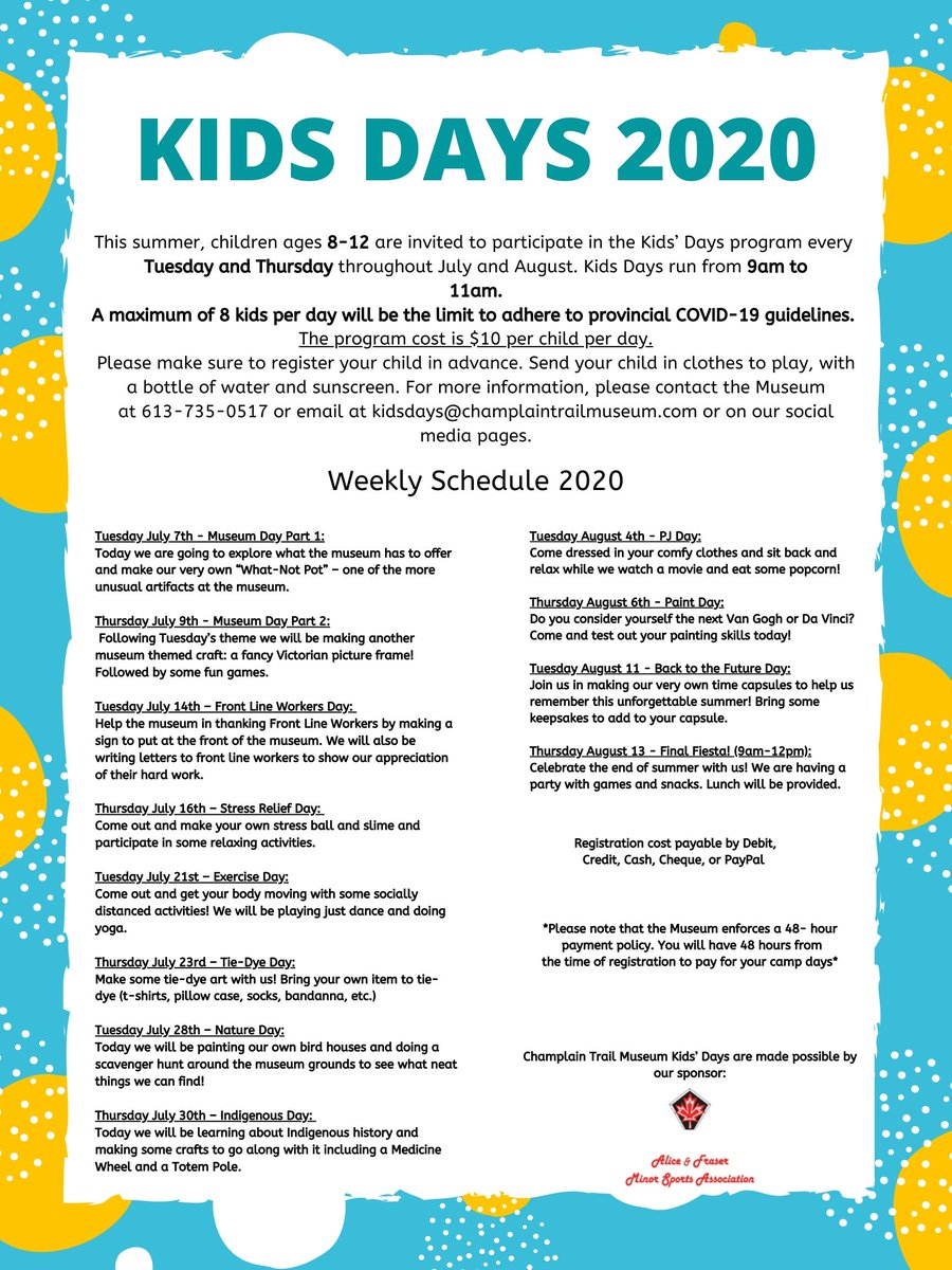 ChamplainMuseum's tweet photo. We are pleased to announce that we will be holding a modified version of our Kids Days Camp this summer starting on July 7th! Please read all of the details in our poster below and contact the museum to register your child! #SummerIsHere #SchoolsOut #RCMN #MuseumsConnectON https://t.co/uD9yAduRoZ
