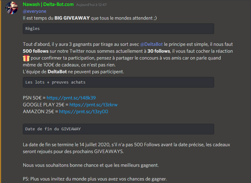 EquinoxGS's tweet image. #CONCOURS #GIVEAWAY 
100€ de cadeaux a gagner des maintenant sur notre serveur @discord @DeltaBotDiscord
#DeltaBot #DeltaBotSecurity
serveur = discord.gg/XHqS2AF