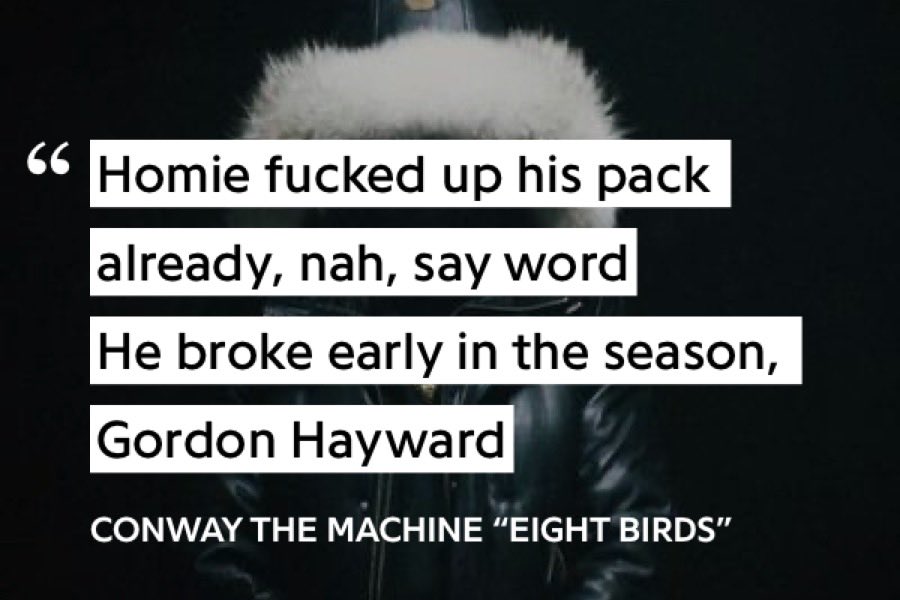 In this one, Conway is talking about how his friend ran out of money early by referring to Hayward’s leg injury in the 1st quarter of the 1st game of the 2017-2018 NBA season. Not gonna show the injury because it’s disgusting so look it up at your own risk.
