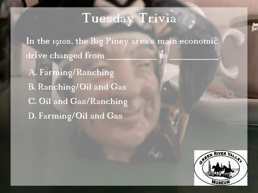 GRVM83113's tweet photo. The answer will be revealed next week! 

The answer to last week's trivia was B! In the 1910s, natural gas and oil deposits were found that changed the economy!
.
.
.
.
#museum #trivia #Wyoming #history #Tuesday #TuesdayMorning #TuesdayMotivation #TuesdayThoughts #TuesdayTrivia https://t.co/5wxeSriAiQ