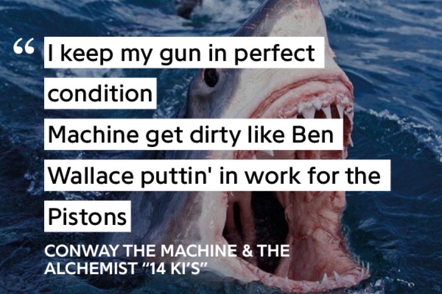 Here Conway is saying how his gun gets dirty after using it, just like Ben Wallace with the Detroit Pistons. Wallace was known for being a hustler and an elite defender. He would do everything necessary to grab the board and protect the rim, doing the dirty work for his team.