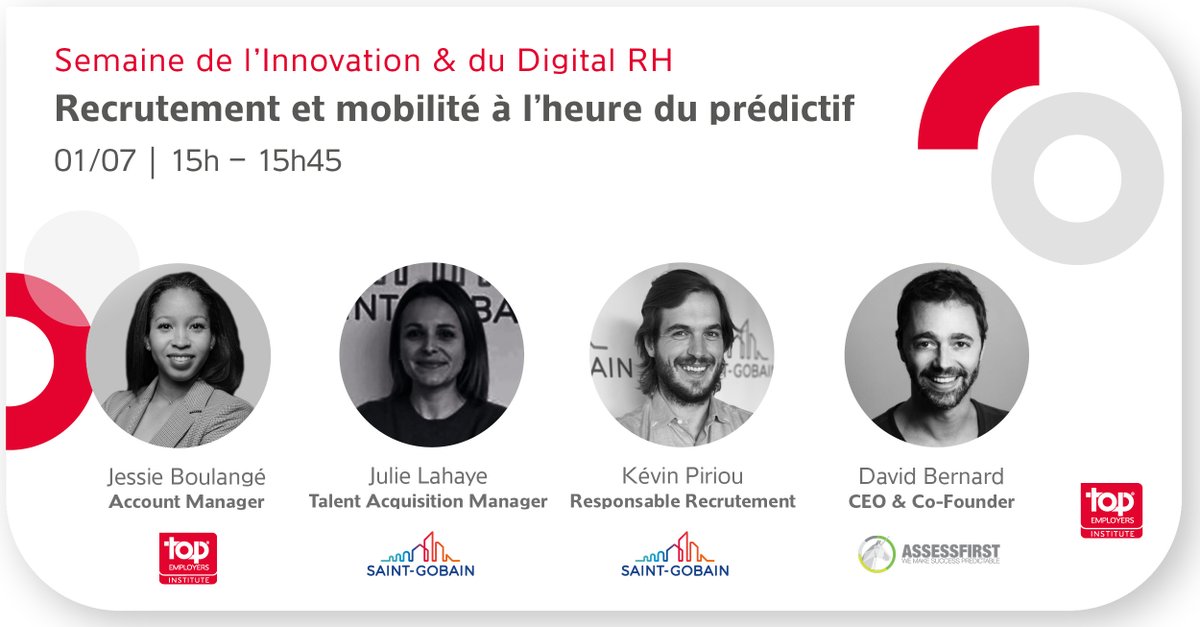[#SaveTheDate]
📆#Webinar 01/07➡️regards croisés sur l'innovation dans le recrutement avec <a href="/Julielahaye01/">LAHAYE Julie</a>, Talent Acquisition Manager et K.Piriou, Resp. #Recrutement chez #SaintGobain, aux côtés de <a href="/AssessFirst/">AssessFirst 🦄</a> et <a href="/TopEmployers_F/">Top Employers France</a>.🗣️
👉bit.ly/3hXvV1q