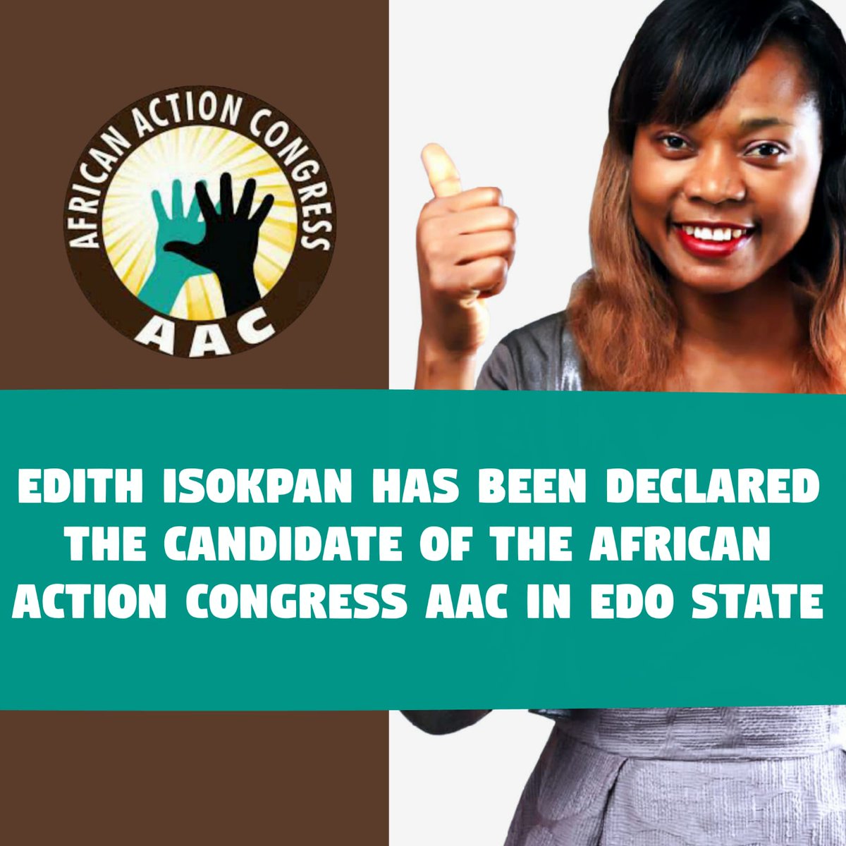 usmanjamiuope's tweet photo. Meet our Gubernatorial Candidate for #EDO_STATE;.  #COMRADE_EDITH_ISOKPAN .

My Edo people @aacparty has bring forth a better Choice for you..
Congratulations to #COMRADE_EDITH_ISOKPAN... https://t.co/UsLAZi8VK2