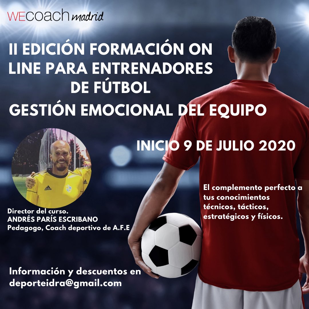 Nueva formación de gestión emocional del equipo para entrenadores de fútbol. Con <a href="/Andresparis1/">Andrés París</a> <a href="/sftorres_/">Sergio F. Torres</a>  #sergiocano 
NO TE LO PIERDAS!!!
Más info en deporteidra@gmail.com
#futbol #inteligenciaemocional #entrenadordefutbol