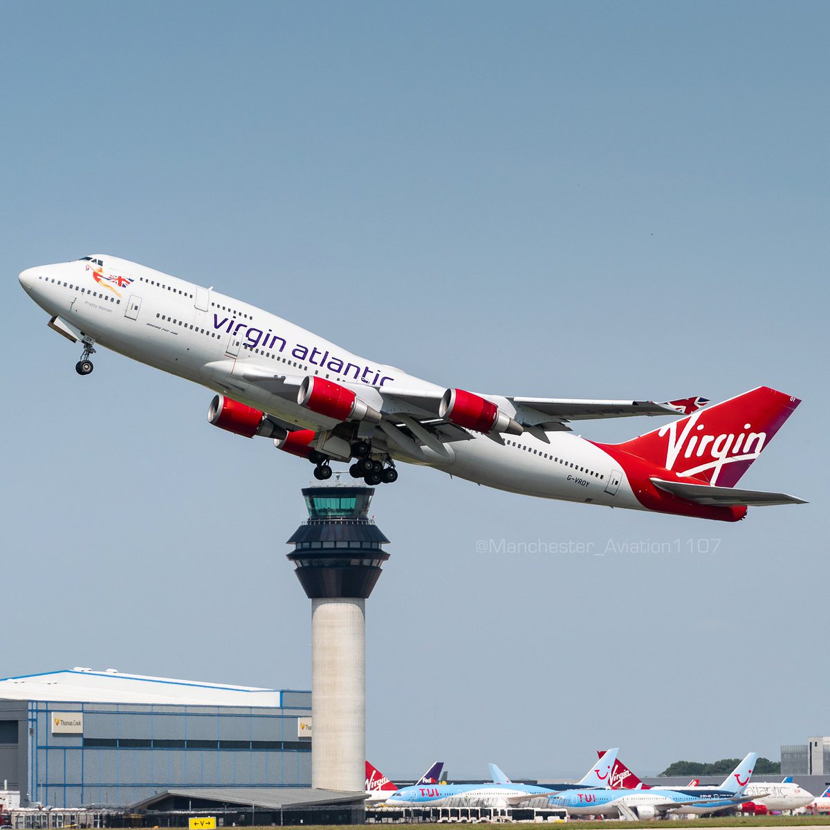 ManAviation1107's tweet photo. Today’s departure of @VirginAtlantic’s next @Boeing 747 to leave @manairport for retirement at Ciudad Real! An early rotation and steep climb followed by a wing wave made for an awesome final departure! 😍
#Manchester #ManchesterAirport #VirginAtlantic #GVROY @BoeingUK @NATS https://t.co/DrHCh4Z4F8