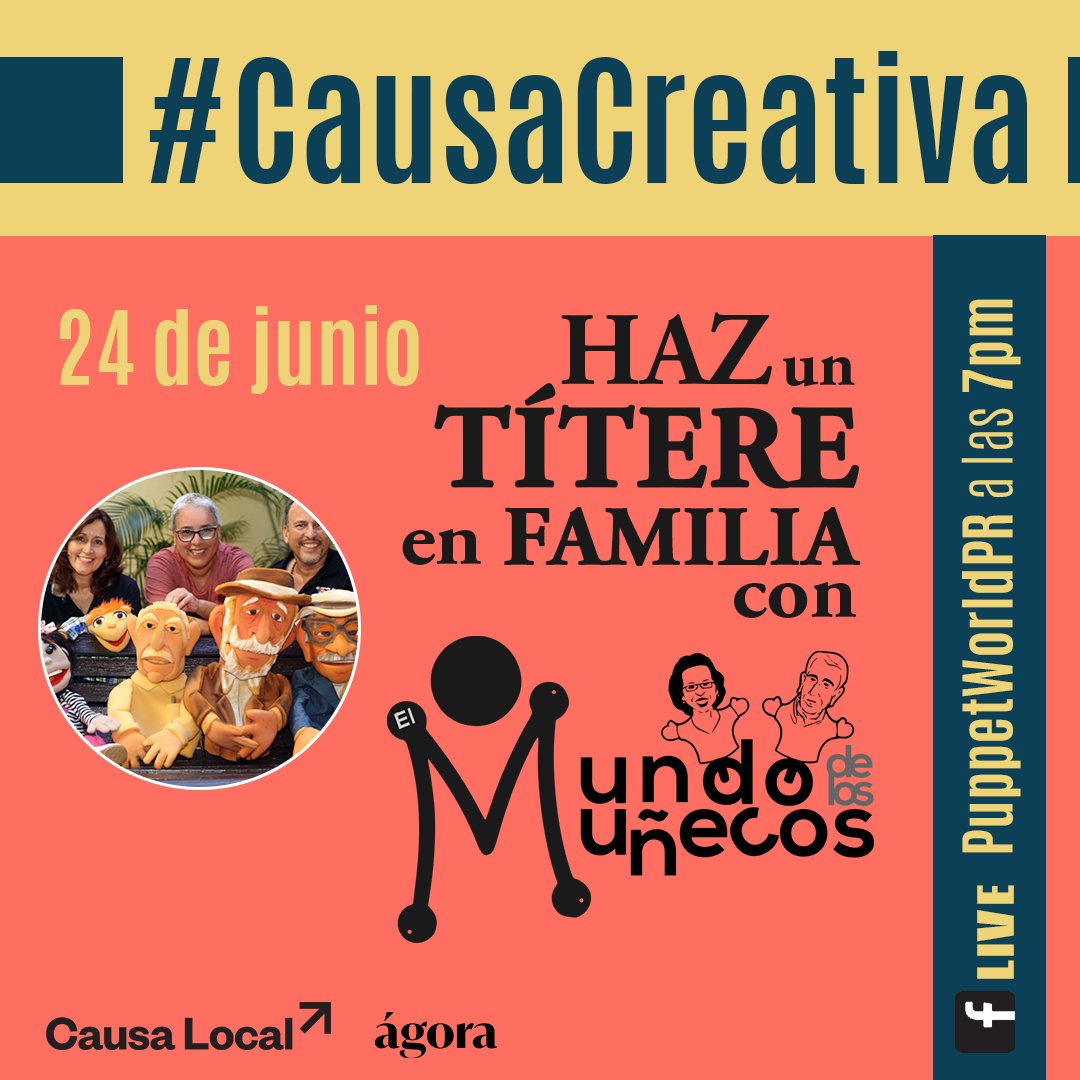 cultural_agora's tweet photo. ESTA NOCHE a las 7PM: Noelia Ortiz de Mundo de los Muñecos nos muestrará cómo hacer un títere en casa. Será un buenísimo entretenimiento para hacer con los niños. ¡No se los pierdan! #CausaCreativa #CausaLocal https://t.co/52D2NaJikC