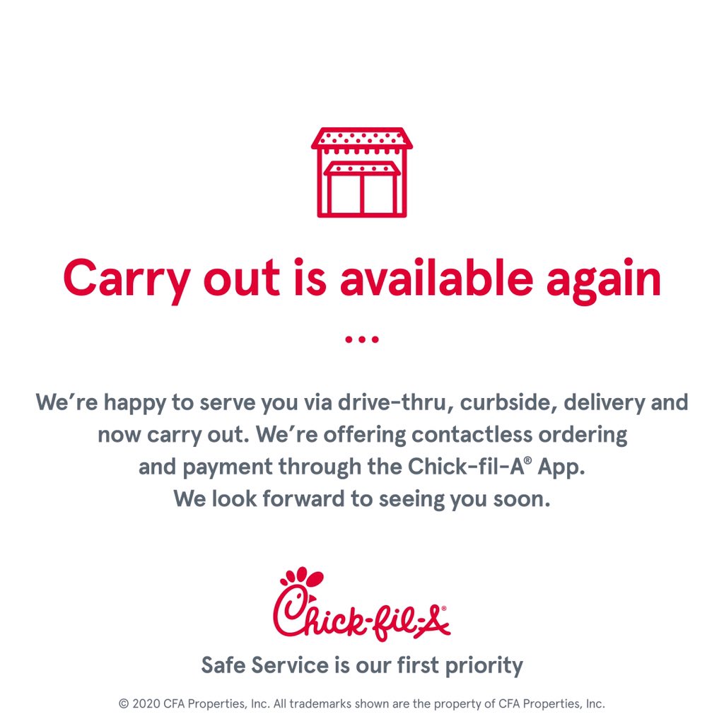 AbingdonCFA's tweet photo. While restaurant seating remains temporarily closed, we’ve expanded our services to offer carry-out again inside the restaurant! Visit our Facebook or Instagram page for instructions on how to place a carry-out order at our restaurant! #cfacf #carryoutisback #heretoserve https://t.co/PqtnHpOqnJ
