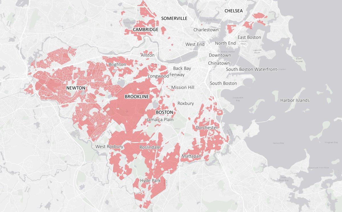 People asked me to expand this map to include more communities in the Boston urban core. See results below. Again, red indicates areas where the iconic three decker is NOT allowed by right under CURRENT zoning.  @BostML  @BHellerstein  @kschwarz1116