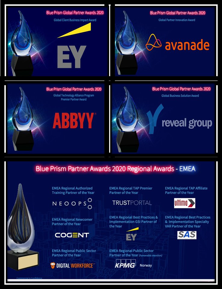 358_gavsim's tweet photo. Congratulations to our EMEA winners at the #BluePrismWorld partner awards and to Global winners #EY, #Avanade, and #Abbyy.  Well done everyone and thanks for your investment.  #kpmg, #neoops, #trustportal, #ultima, #digitalworkforce, #cogent, #smartautomationservices. https://t.co/c0kzaYwPD5