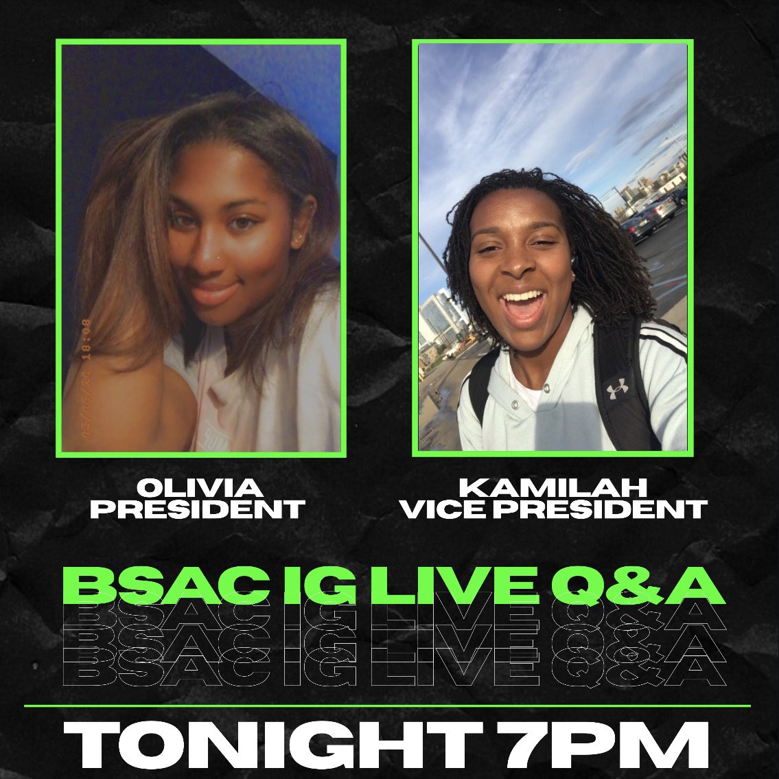 Curious about BSAC? Tonight we will be having an IG live Q&amp;A with our President and VP at 7pm. Bring your questions and come chat with us! 
•
•
•
•
#uab #exploreuab #UABlack #uab24 #uab23 #uab22