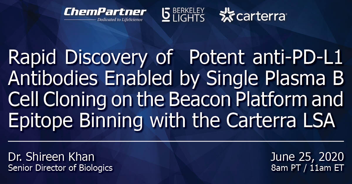 ChemPartner's tweet photo. Don't miss our webinar tomorrow! Dr. Shireen Khan, Senior Director of Biologics, will present on the rapid discovery of potent anti-PD-L1 antibodies. Live Q&A after. Click https://t.co/KKsaTE9u9j to register.
#drugdevelopment #drugdiscovery #biologics #antibodies #bcellcloning https://t.co/8ETRY46JU6