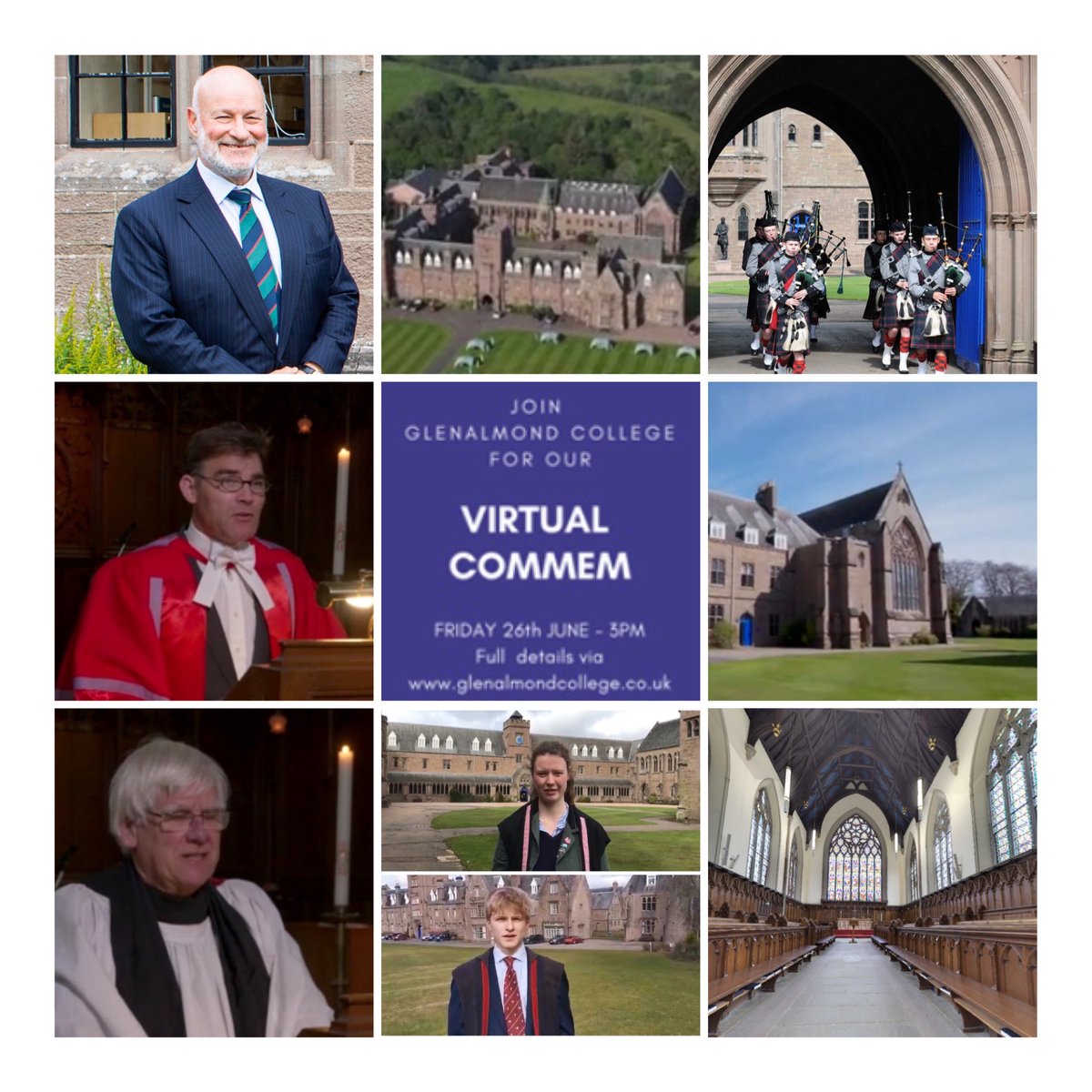 GlenalmondColl's tweet image. A very warm invitation to pupils, current &amp;amp; former, &amp;amp; their families, staff &amp;amp; all in the Glenalmond community to join us at our Virtual Commem on Friday, 3pm. The occasion will be a combination of a recorded service, then live feed at 3.30pm. For more info bit.ly/2A4nSia