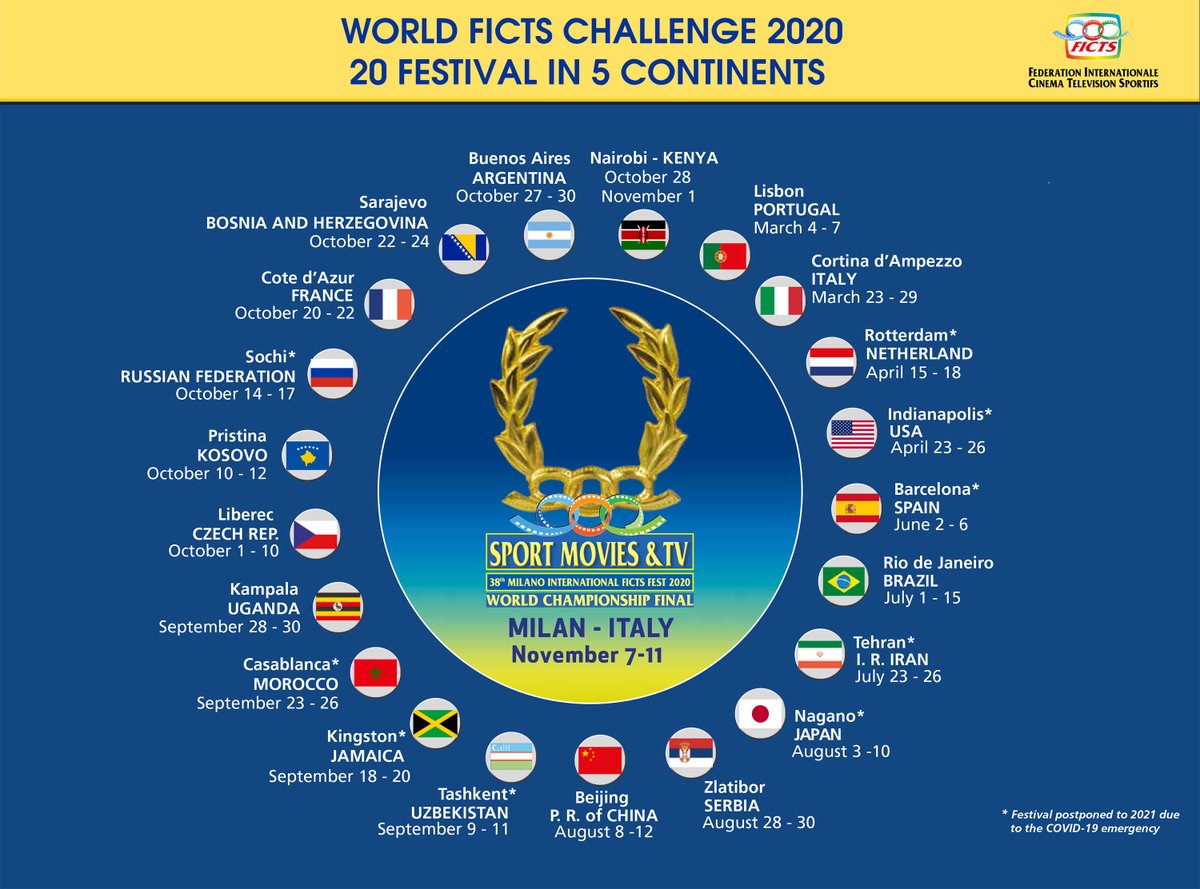 #CALENDARIO UFFICIALE DEI 20 #FESTIVAL del “WORLD FICTS CHALLENGE” #Campionato Mondiale della Televisione, del #Cinema, della Cultura e della Comunicazione sportiva organizzato dalla #FICTS 

Finale mondiale  #Milano 7-11 Novembre 
Continua a leggere 👉  sportmoviestv.com/2020/06/24/cal…