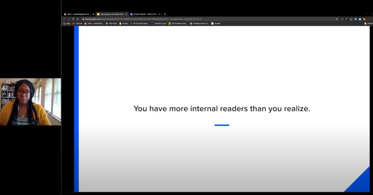 APItheDocs's tweet image. It's @uwikaiddi on the virtual stage sharing how you can improve your #APIdocs from the inside out 🎉
Steps:
💡 identify your internal audience
💡 create communication channels & solicit feedback
💡 create doc JIRA projects / labels
💡 do regular meetings with stakeholders