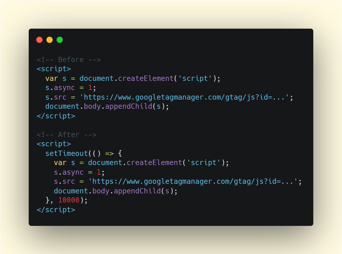 38) Or just wrap your third party loading code with `setTimeout`. Almost as good and super simple: