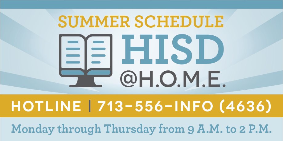 HoustonISD's tweet photo. REMINDER: the HISD @ H.O.M.E. Hotline is available for all your summer school questions!
❗️713-556-INFO (4636)❗️
📞lines are open Monday-Thursday from 9 a.m. until 2 p.m.
#hisdathome https://t.co/e5OePlabyC