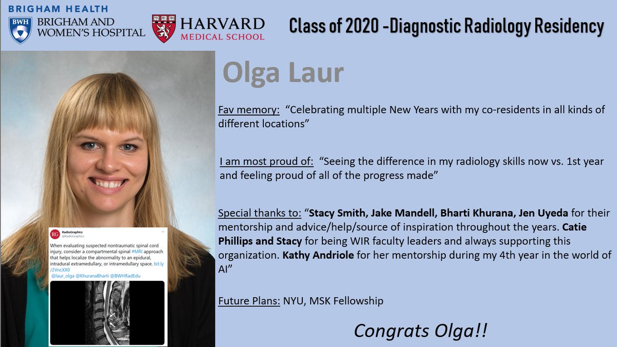 BWHRadEdu's tweet photo. #RadGrad2020 Series
📣Day 6/10: It's @laur_olga day📣
Congrats Olga, you will be missed!🥂🥳👏
#ohtheplacesyoullgo #radres #meded #RadXX
@BrighamWomens @BrighamRad @nyu_mskrad
@KhuranaBharti @mskstacy @uyedajen @kpa_kathy https://t.co/UL3HxyARfA