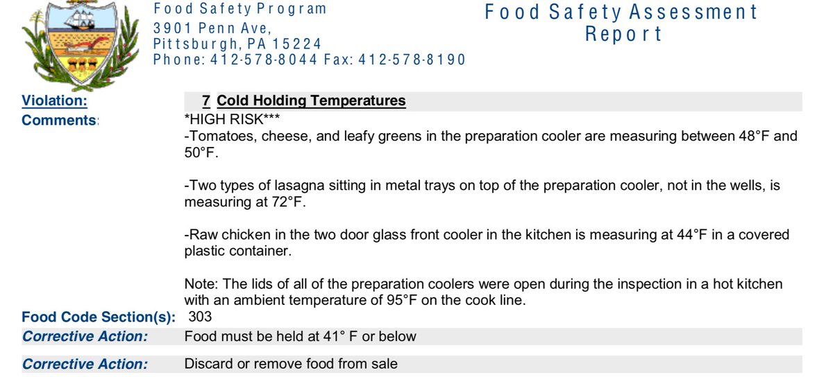 THREAD: The Allegheny County Health Department tells me it last inspected Il Pizzaiolo this Monday and documented 11 violations, also noting the staff was not wearing masks. See below   @KDKA