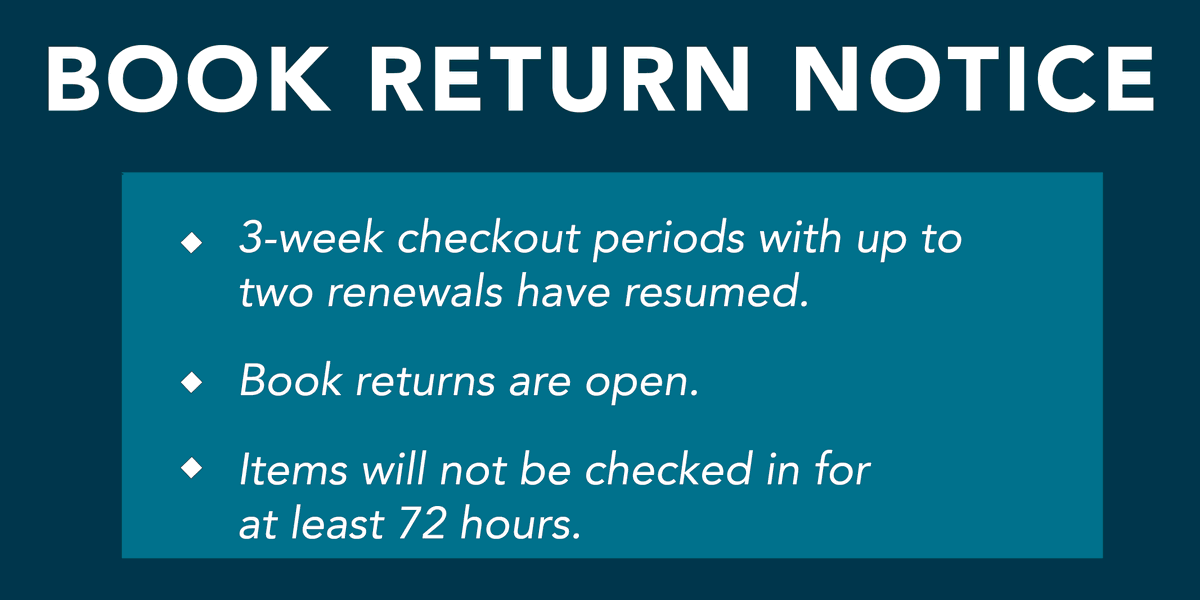 rclreads's tweet photo. Book return notice:
β
3-week checkout periods with up to two renewals have resumed.
π Book returns are open.
π Items will not be checked in for at least 72 hours.
#RCLReads https://t.co/yOsA4HVsdN