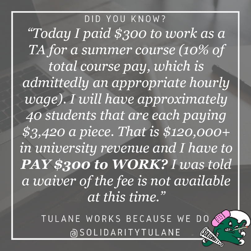 solidarityTU's tweet photo. Grad workers have to pay the $300 summer enrollment fee to be eligible to TA for the summer. Not only are we not receiving fully funded healthcare as employees but we have to PAY to work. #TUWorksBecauseWeDo #FullyFundedHealthcare #SupportGradWorkers https://t.co/4ICKlriXDU
