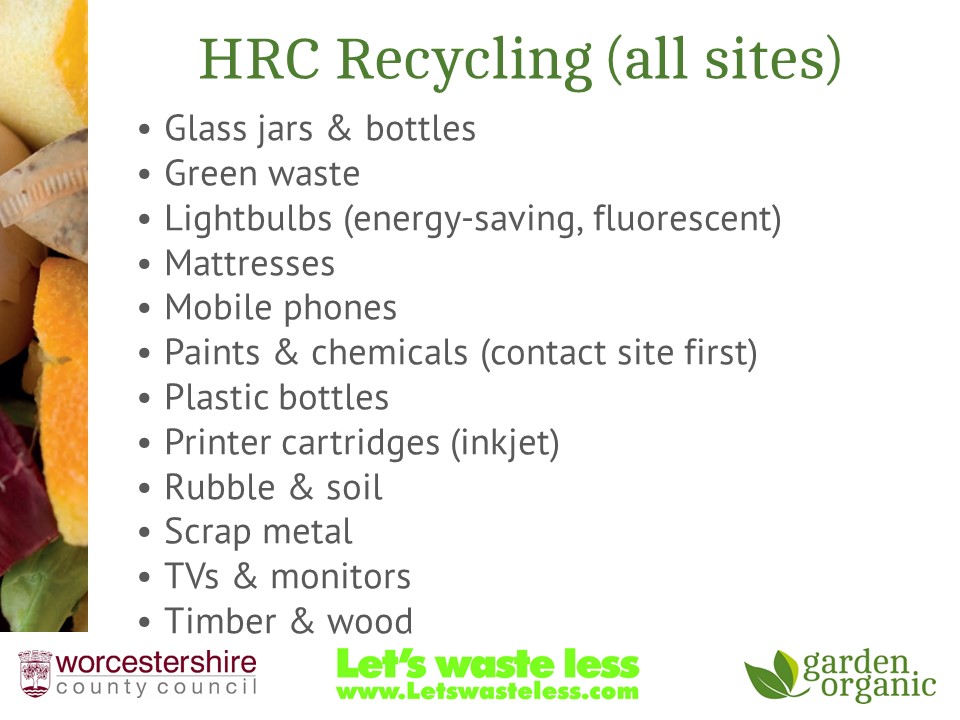 WasteLessWorcs's tweet photo. A few slides from this afternoon's talk on what you can recycle at your local Household Recycling Centre. See https://t.co/hJEH5vWdCK for more details. https://t.co/ksIhFPjEzl