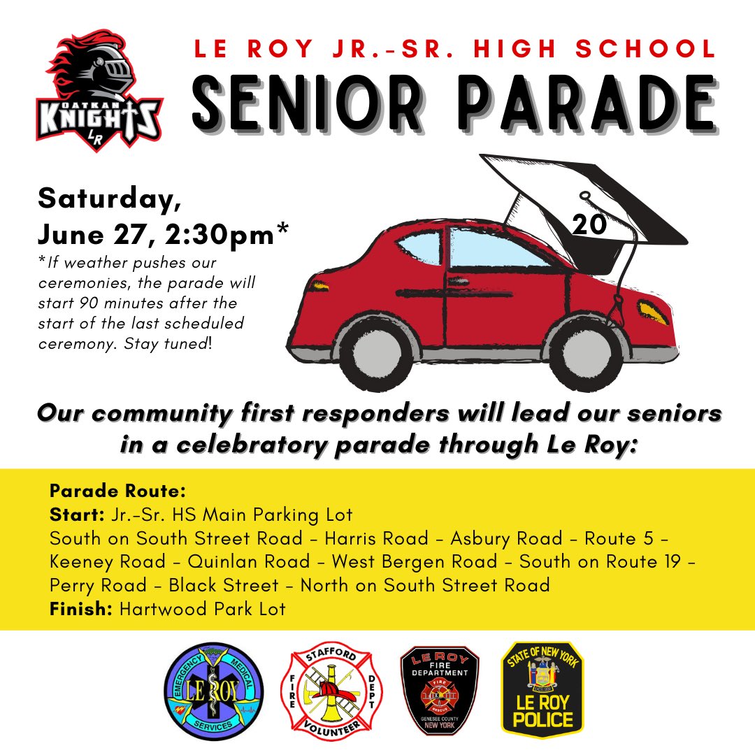 LeRoy_CSD's tweet photo. 🚓🚒🚑🚗🎓👏❤️🖤
Our Senior Parade will be roaring through town Saturday @ 2:30pm!
Spread the word, social distance, & celebrate our seniors!
If weather pushes our ceremonies, the parade will start 90 min. after the start of the last scheduled ceremony! Stay tuned!
#LR20🎓 https://t.co/NnjGo93JZU