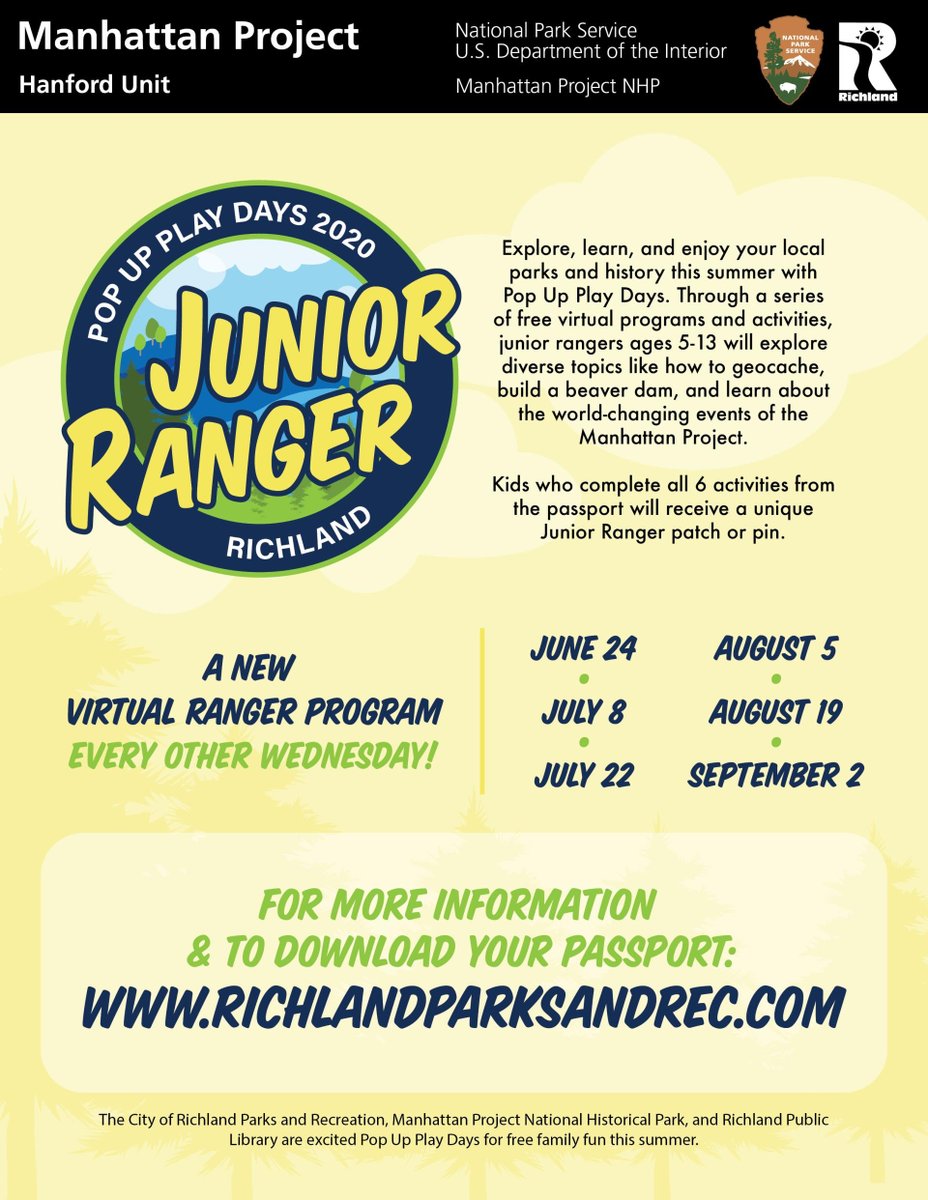Now's the time to earn your Junior Ranger Badge! 

Starting today, June 24, and every other Wednesday for 12 weeks, tune into a new interactive ranger program, Engineering a Community. 

📷<a href="/RichlandWA/">City of Richland, WA</a> <a href="/MnhtnProjectNPS/">Manhattan Project NHP</a>