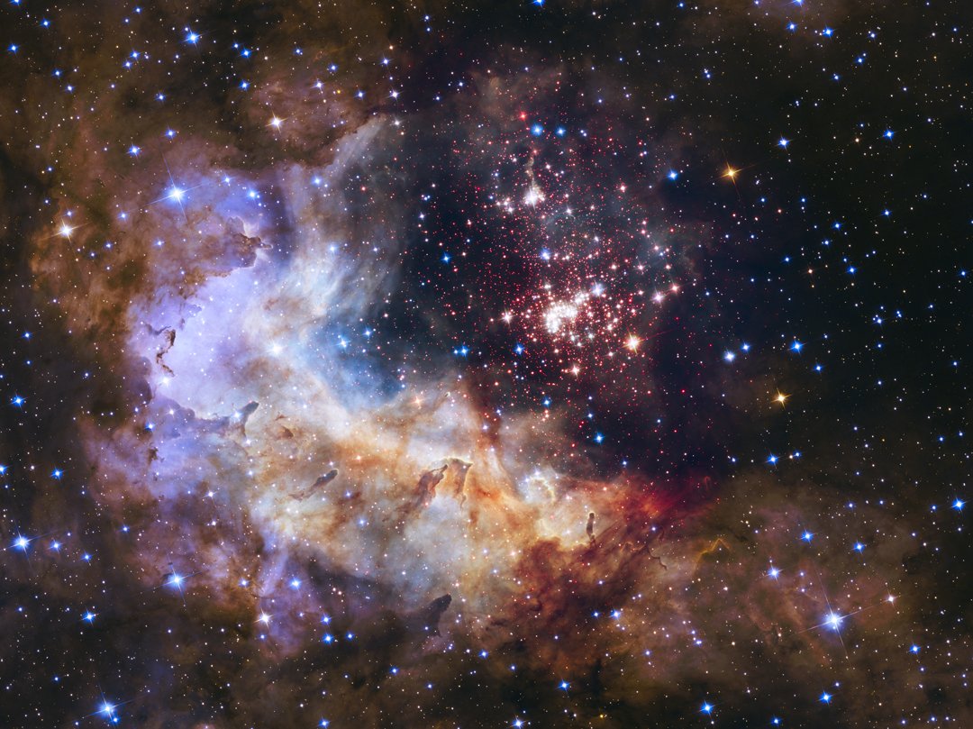 Stunning image from the Hubble Telescope of "a giant cluster of thousands of stars called Westerlund 2. The cluster resides in a raucous stellar breeding ground known as Gum 29, located 20,000 light-years away from Earth in the constellation Carina." #NASA #Hubble #STEMeducation