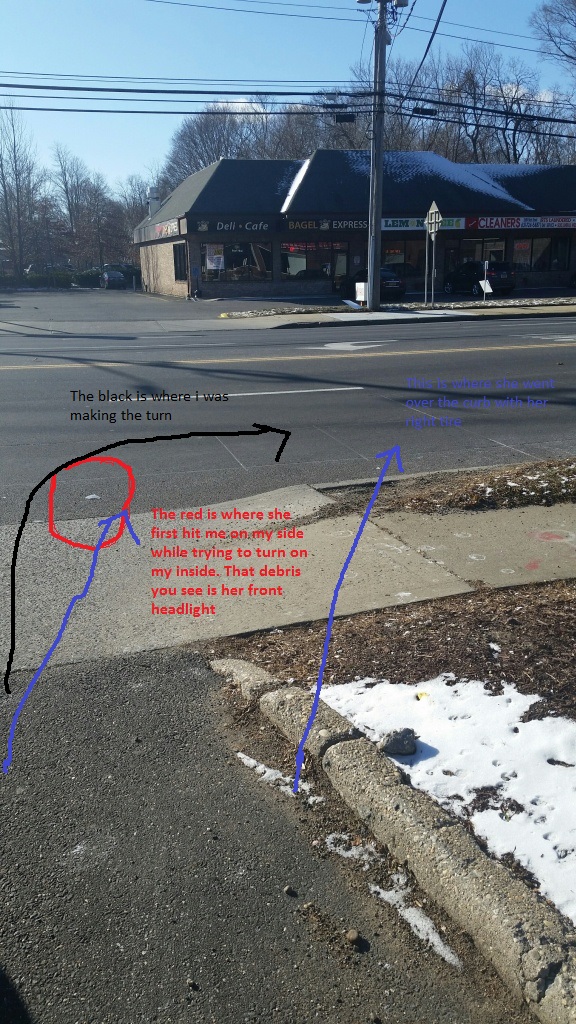 ahhh found the video and diagram that I had to draw for GEICO because the fuckface cops had ME as the driver in the back on his. (my car was the black car waiting to leave the parking lot. The white car is the one that jumped the curb and hit me mid turn)  https://www.youtube.com/watch?reload=9&v=Eut_c1rONyc&feature=youtu.be