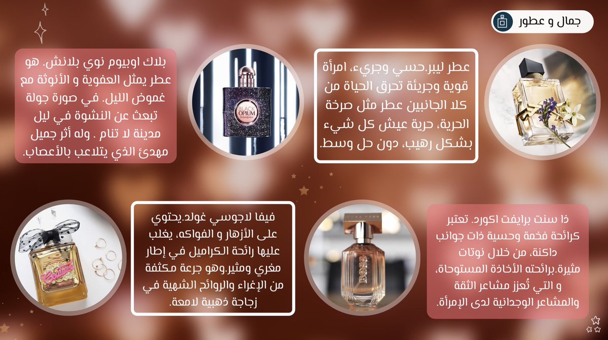 قسم جمال وعطور"

أفضل عطر نسائي هو أكثر عطر قد يكون مناسب للشخص أو المناسبة التي يستخدم فيها العطر، و لا يوجد معيار مطلق يمكن تطبيقه بشكل عام.

اتفقوا معنا في هذه القائمة، ووش أفضل عطور برأيكم!

تعرف على القائمة الكاملة هنا:

bit.ly/3fV01Rb

#رابطة_عشاق_العطور