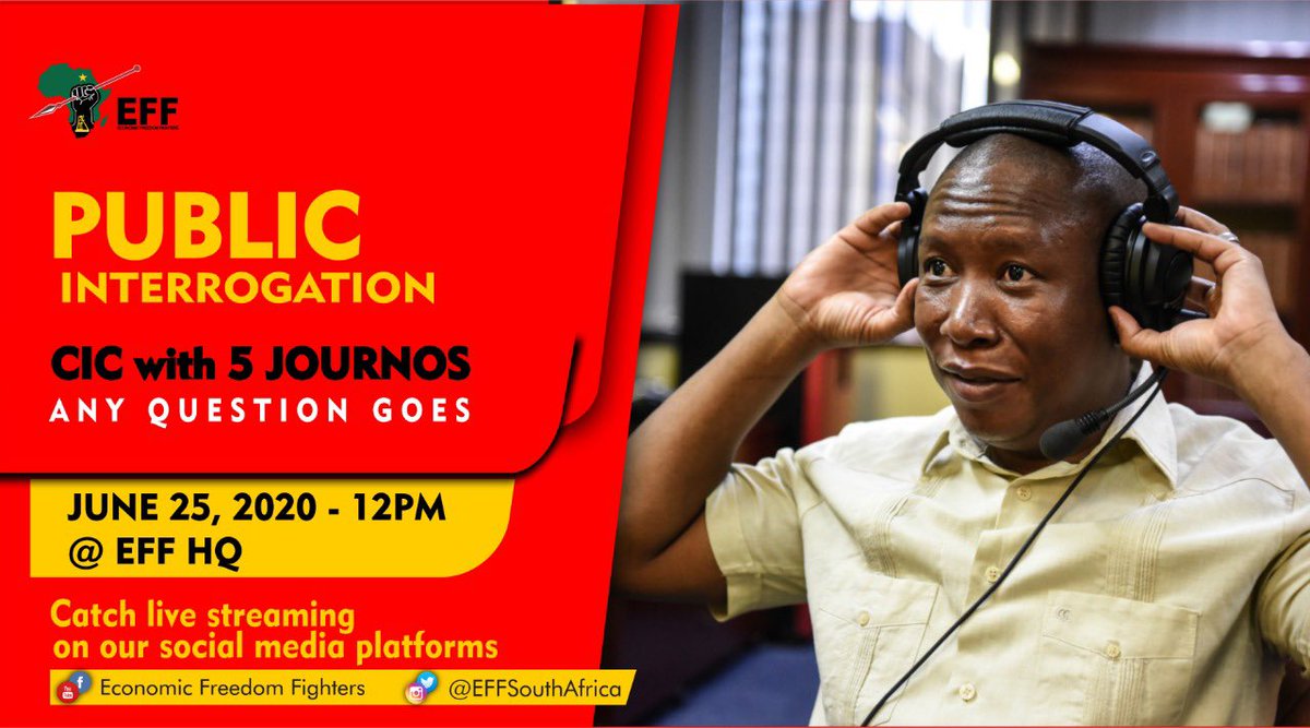 Effward27's tweet photo. CIC @Julius_S_Malema will be in conversation with 5 Journalists that will have the opportunity to ask him any question.

The public engagement will therefore take place under the following details:

Date: 25 June 2020
Time: 12h00 (GMT+2) 
Venue: EFF HQ

#CICSPEAKS https://t.co/H5FNC6CUy8
