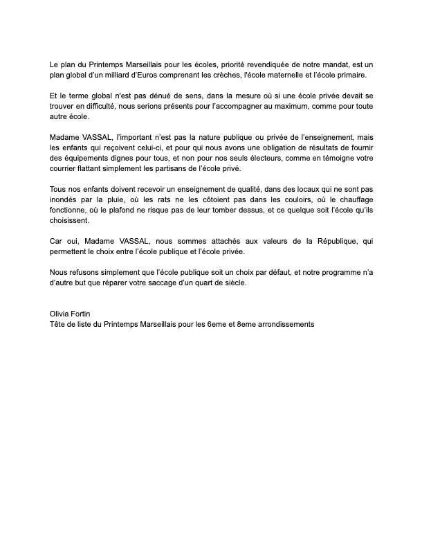 olivia_fortin's tweet photo. Martine Vassal accuse le #PrintempsMarseillais de vouloir abandonner les écoles privées, alors que sa majorité abandonne l'école publique depuis 25 ans. Notre volonté est de n'abandonner personne. https://t.co/nWqmNbPqqX