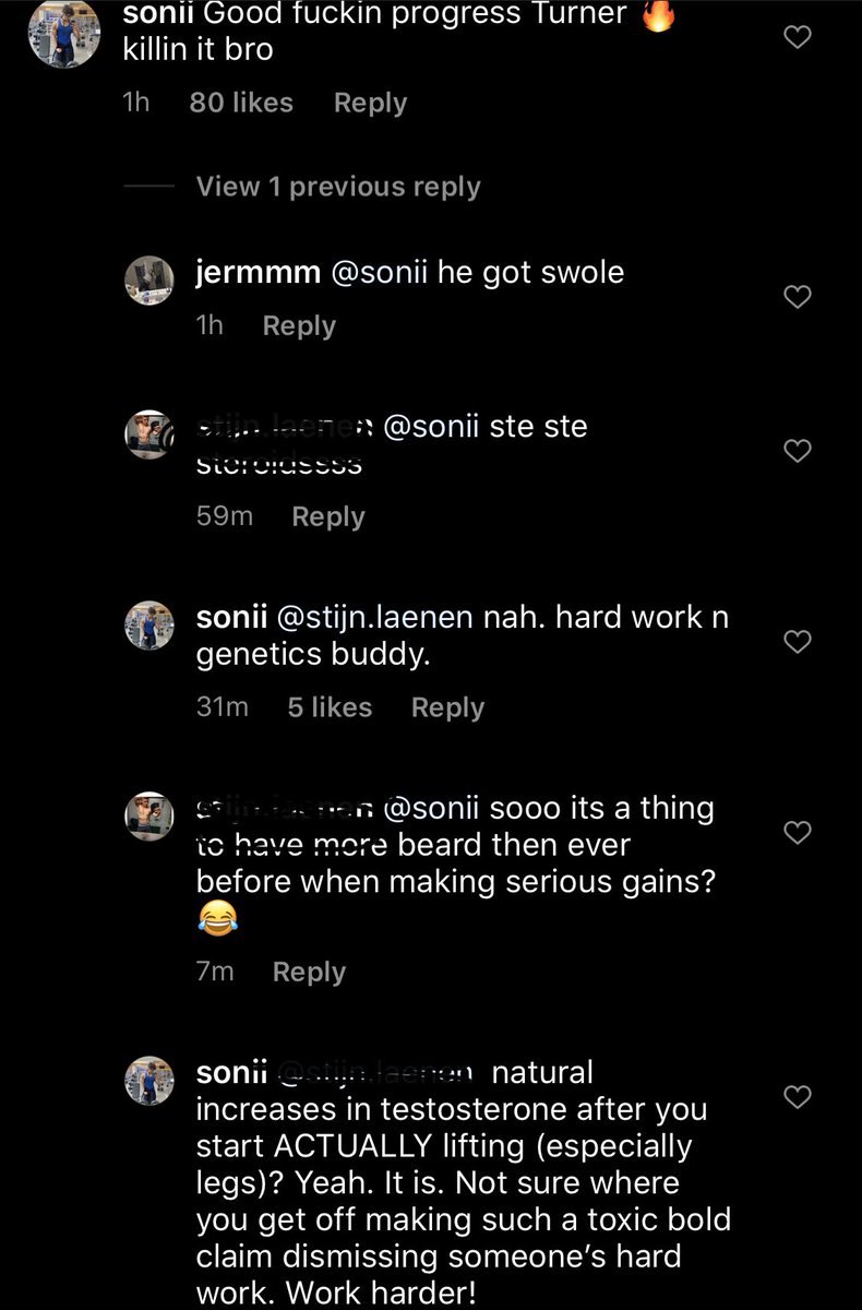 sonii's tweet photo. don’t be this kind of person on social media.

not everyone has to take steroids or cheat to reach upper levels of physical genetic potential. 

it’s a fucking slap in the face and discredits someone’s genuine hard-work.

nothing pisses me off more, sorry. https://t.co/d8pMgTR3sL