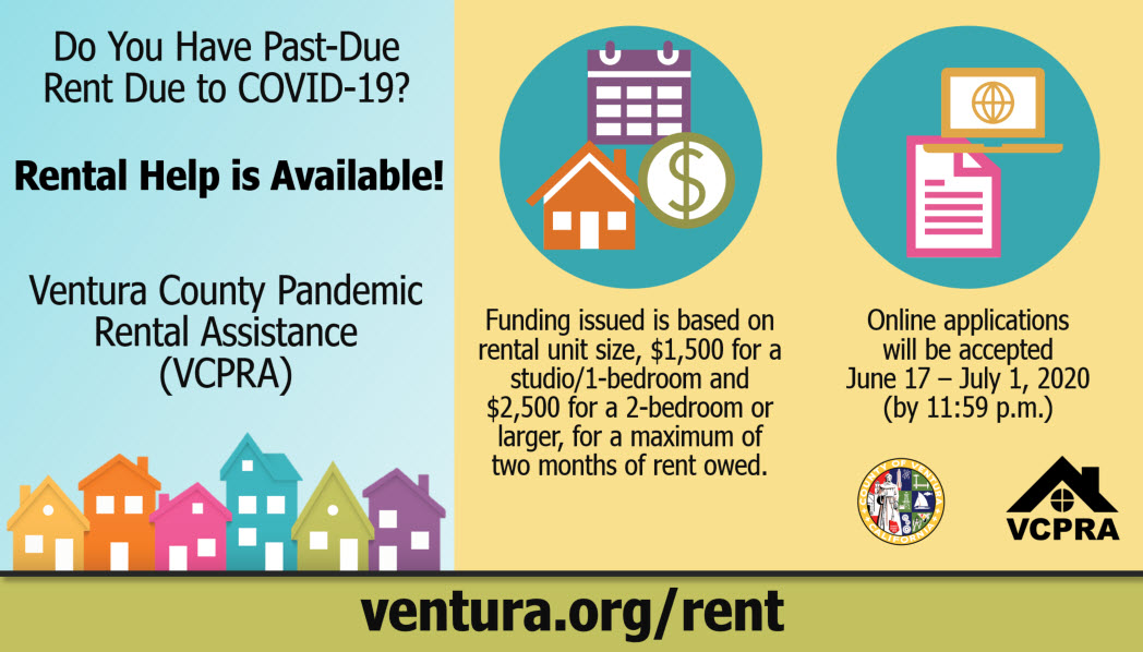 CountyVentura's tweet image. The Ventura County Pandemic Rental Assistance program may provide temporary rental assistance for #VenturaCounty residents with very low incomes who owe past-due rent because of a hardship due to COVID-19. For full program details, visit ventura.org/rent. #renthelp