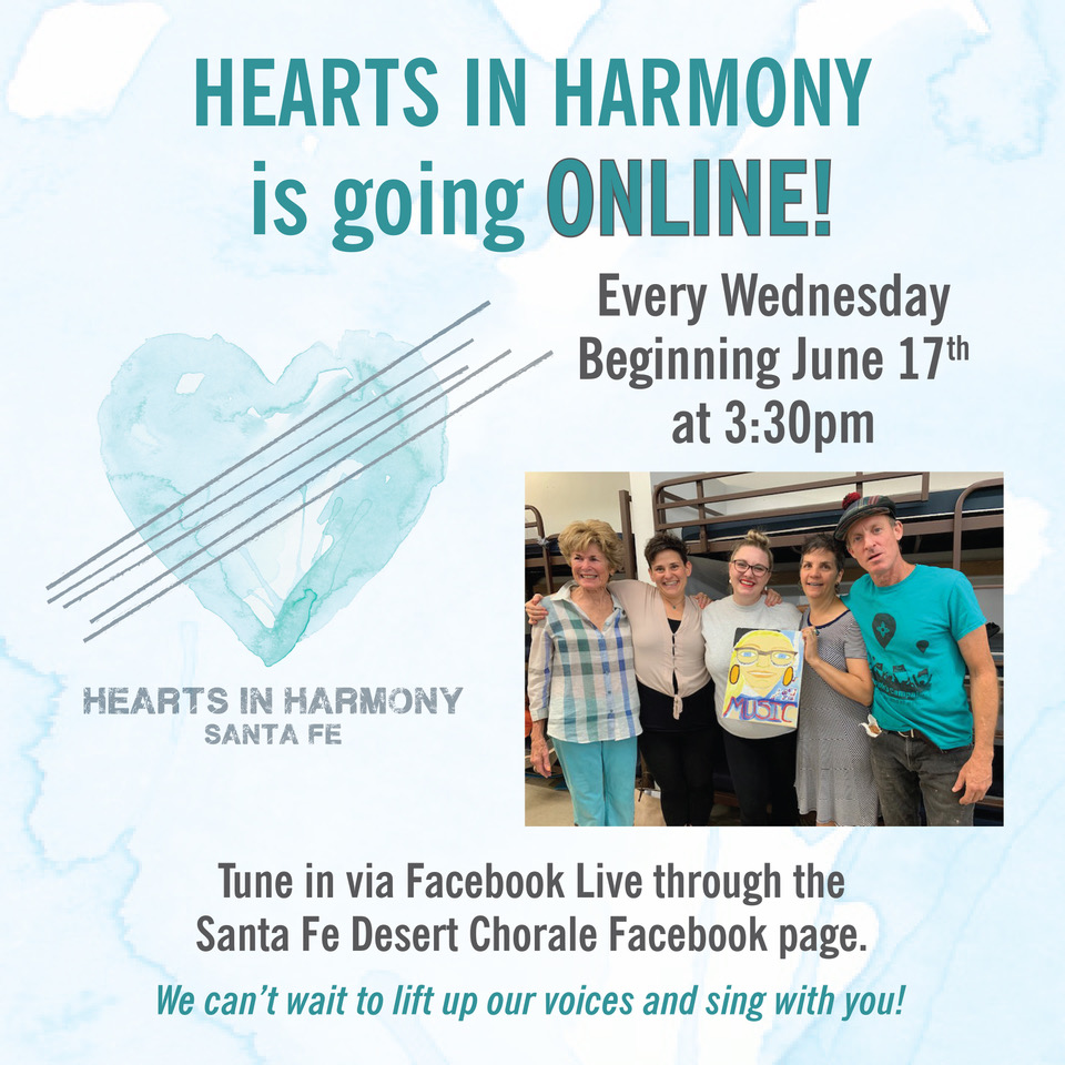 santafeopera's tweet photo. To experience how Hearts in Harmony uses the expressive power of music to connect and heal, join the Santa Fe @DesertChorale on Facebook Live https://t.co/fPL7ksrCE9 every Wednesday at 3:30pm (MDT) to lift your voice and sing! https://t.co/bYoa6BquWL