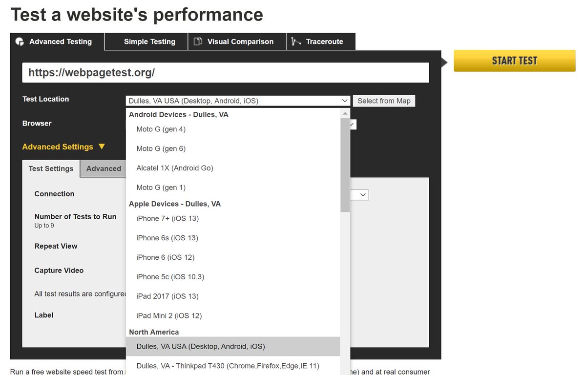 41) Another great tool is WebPageTest:  https://webpagetest.org/&nbsp;WebPageTest is the most advanced perf tool I know. It has a ton of use cases – but one of my favorites is testing perf from real devices and various locations.iPhone 6 in the US? Yes. Firefox in India? Why not.