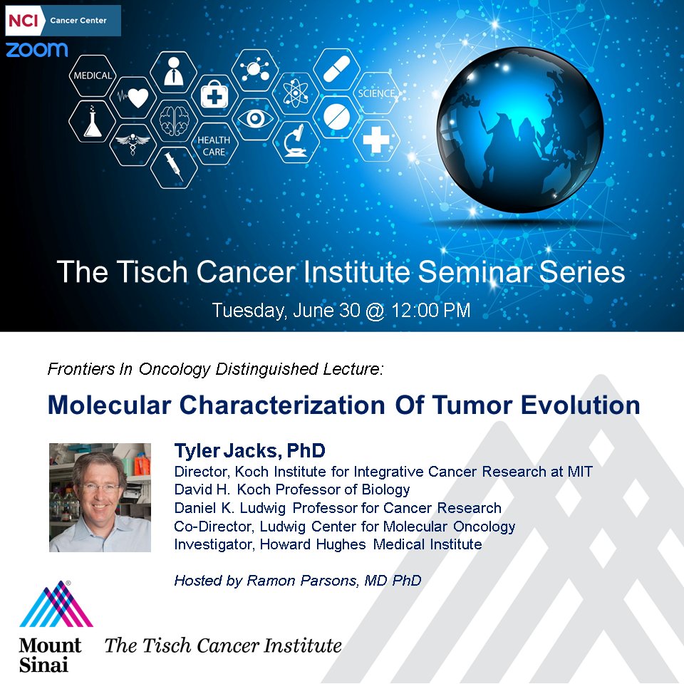 We look forward to hearing from Dr. Tyler Jacks on molecular characterization of #tumor evolution.
June 30, 12 noon. <a href="/kochinstitute/">Koch Institute at MIT</a> <a href="/IcahnMountSinai/">Icahn School of Medicine at Mount Sinai</a> 
jacks-lab.mit.edu