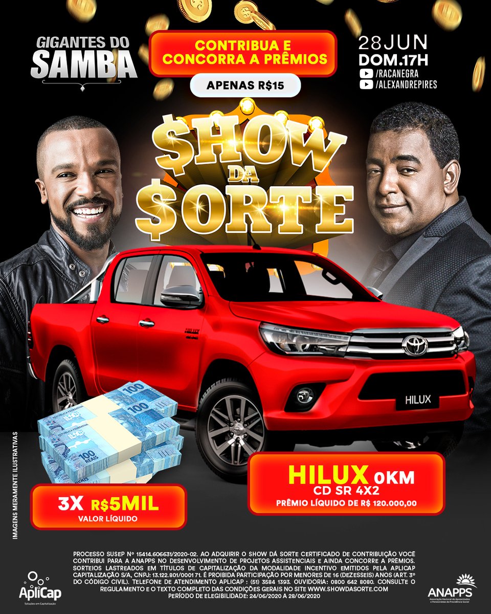 DOMINGO agora TEM SAMBA E SHOW DA SORTE! Estaremos na #LiveGigantesDoSamba a partir das 17h! Sortearemos uma Hilux 0km e 3 prêmios de R$5000! Link: live.showdasorte.com/vendainternets… #ShowdaSorte #Premio #Sorteio #CarroZero