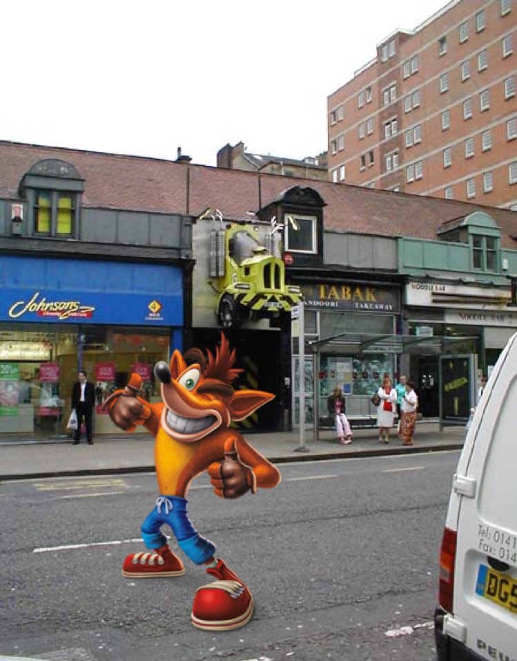 Crash Bandicoot visiting Glasgow, and having a blatant disregard for the laws of the road, back in 2003.