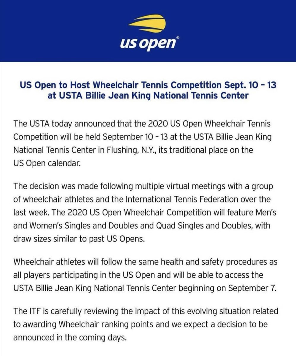 Big thanks to the  @usopen for reversing their decision - now allowing wheelchair players to compete at the 2020 Open. And most importantly thanks to you reading this for supporting us and sharing the message - you made this happen.