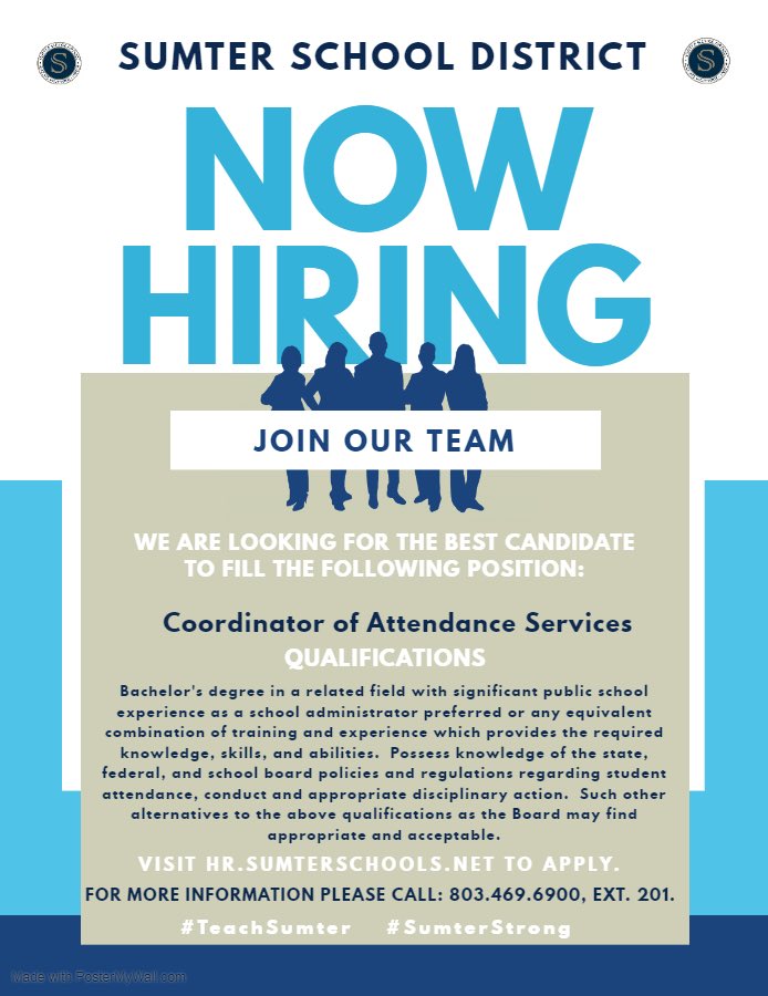 Sumter School District is now hiring for the 2020-2021 school year.  We are committed to adding well-qualified and dedicated individuals to our staff. Questions: Call (803) 469-6900, ext. 201 #TeachSumter #SumterStrong ⁦<a href="/DrPenK/">𝓓𝓻. 𝓟𝓮𝓷𝓮𝓵𝓸𝓹𝓮 𝓔. 𝓜𝓪𝓻𝓽𝓲𝓷-𝓚𝓷𝓸𝔁🎶</a>⁩ ⁦<a href="/SumterSCSchools/">Sumter School Dist.</a>⁩