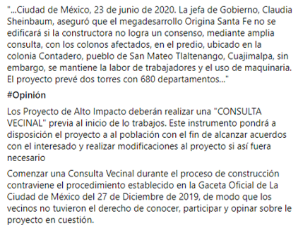 LydConsultoria's tweet photo. "Cruz, A. (23 de Junio del 2020) Sheinbaum: requiere Origina Santa Fe aval de vecinos. La Jornada. Recuperado de https://t.co/gvFMNtnTcf" https://t.co/4DnIZdkTRS