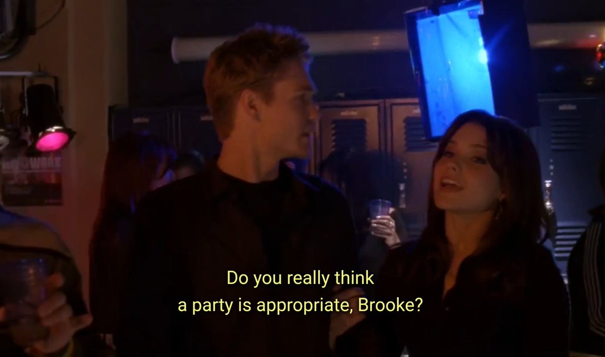 3x17: Lucas just lost someone who's basically a dad to him in a school shooting. So what does Brooke do?Throw a party in the same hallways Keith died in for a grieving Lucas! (because that's normal!)I know I keep asking but  WHY do people ship Brucas?
