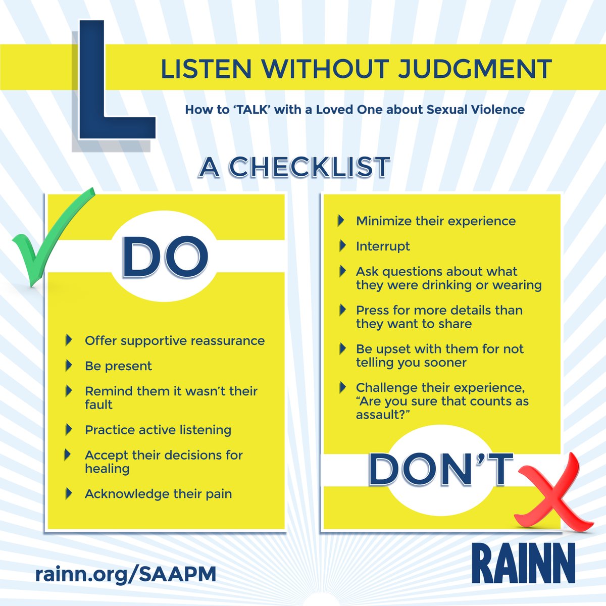 1. Learn our ‘TALK’ acronym for responding to disclosures and supporting survivors.