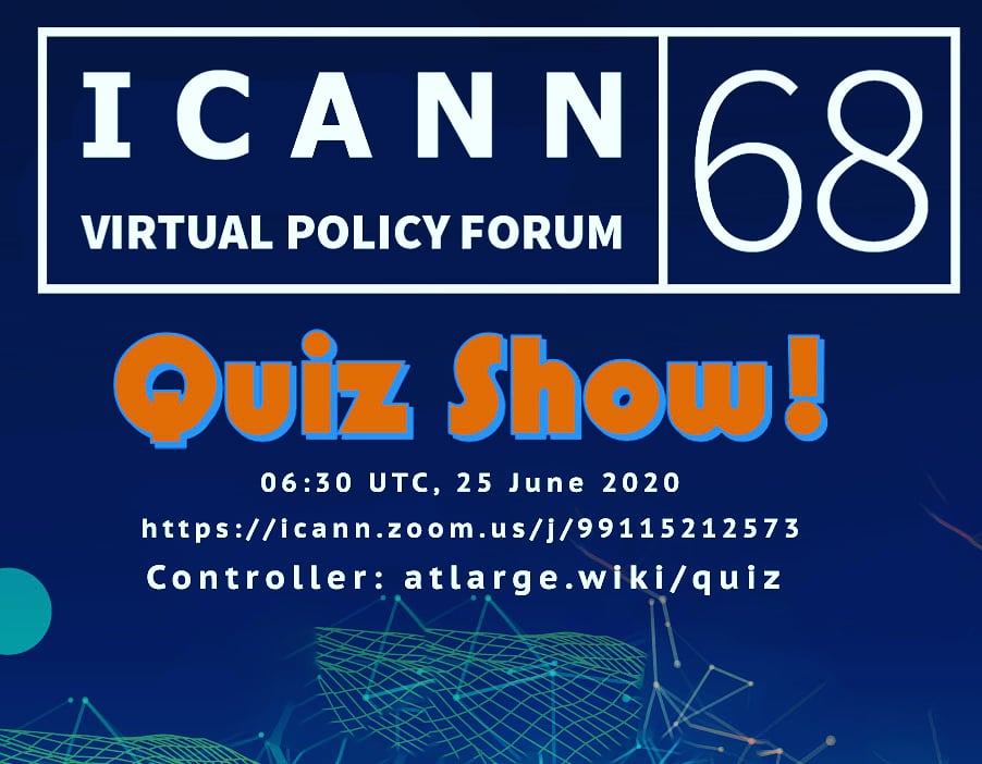 Jvzuck's tweet photo. Tune in for a #virtual #quiz about @icannorg! Silly jokes and lots of trivia! Sponsored by @icannatlarge! #virtualmeetings #icann68 #atlarge68 #virtualmeeting #alac68 https://t.co/MzwJYSFwjO