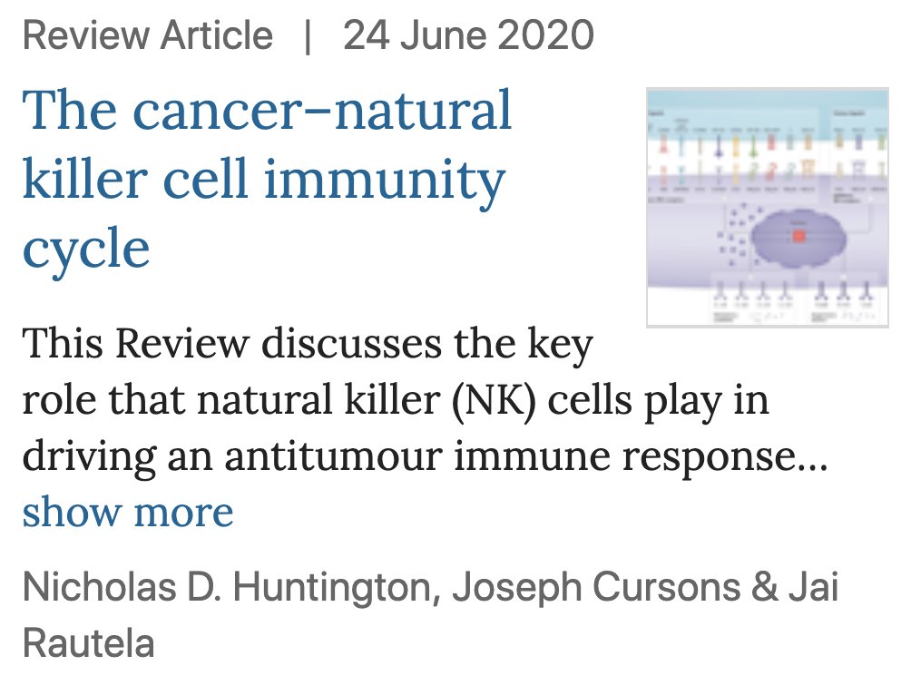 The Cancer - Natural Killer Cell Immunity Cycle

Comprehensive <a href="/NatureRevCancer/">Nature Reviews Cancer</a> on NK cells at all stages of cancer. Includes extensive novel transcriptomic analysis of 25 cancer types with respect to NK cell infiltration/function and patient outcomes. 

nature.com/articles/s4156…